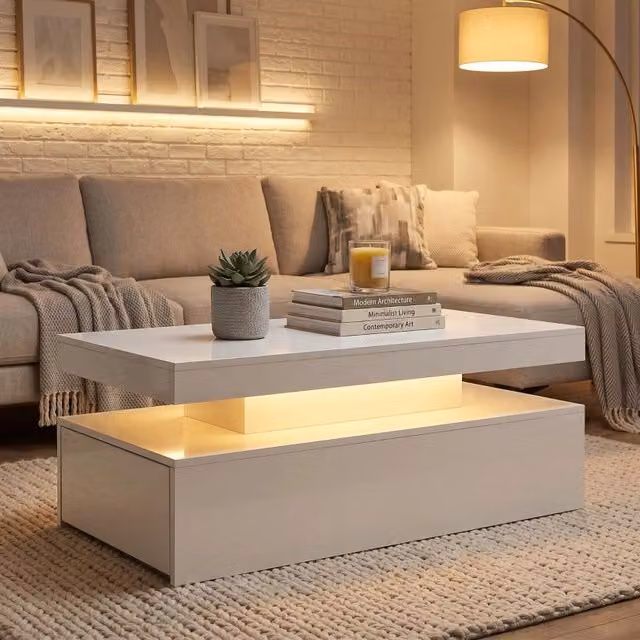 Tavolino da caff¨¨ LED con cassetti ¨C Minimal ¨C Bianco lucido moderno 2 livelli 60x60x45cm