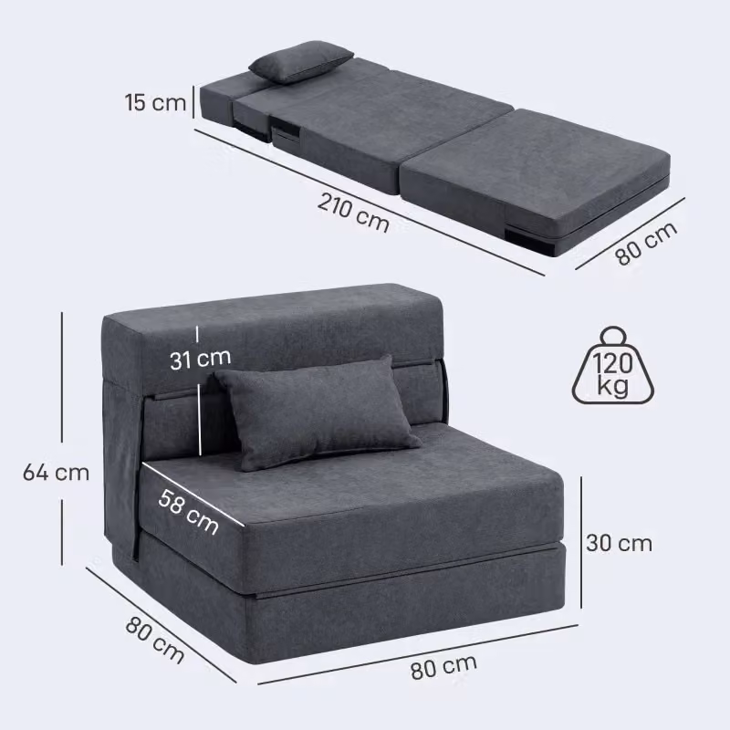 Poltrona letto 3 in 1 pieghevole WISHDOR con chaise longue e relax in tessuto grigio – 2