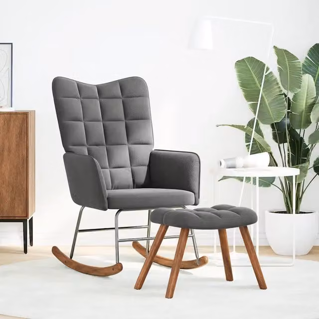 Sedia a dondolo relax con sgabello in velluto grigio scuro CFW9423281