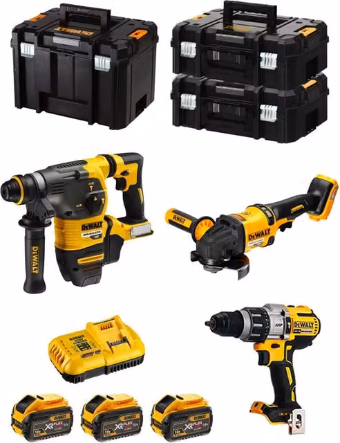 Kit DeWALT FVK381X3HD-QW 54V/18V con Martello Perforatore DCH333, Trapano Avvitatore DCD996, Smerigliatrice DCG418 e 3 Batterie da 9,0 Ah con Contenitori TSTAK – 1