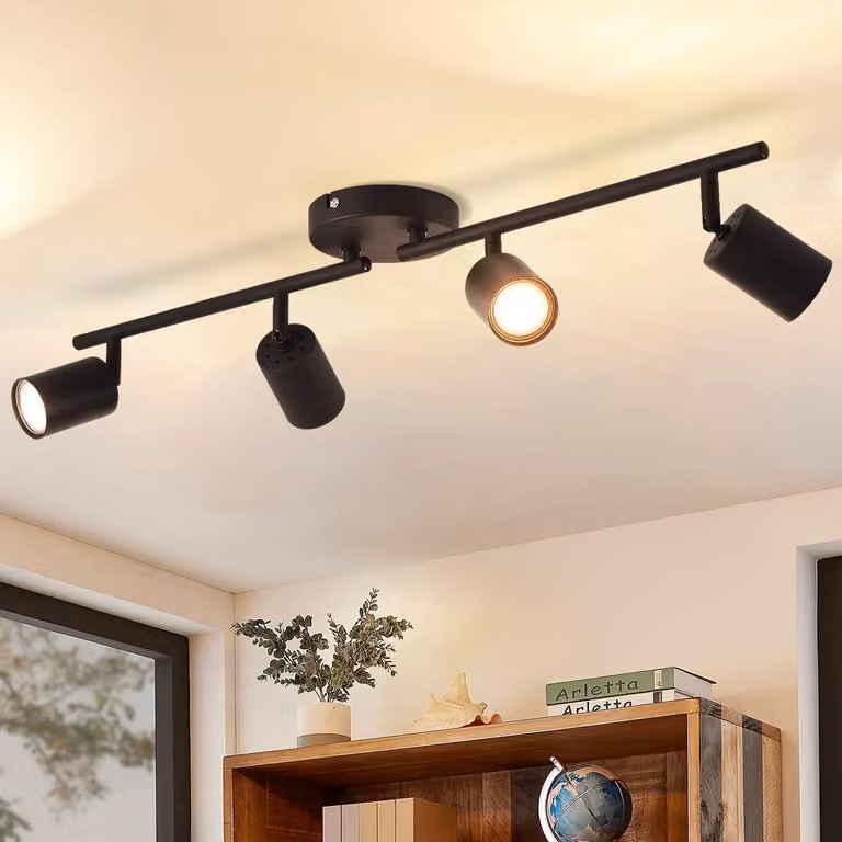 ANWIO Lampada da soffitto a LED, 4 luci, nera, faretto orientabile, barra luminosa GU10, lampada da cucina, lampada da soffitto, faretto, design moderno, ideale per soggiorno, cucina, camera da letto, corridoio (senza lampadine). Conforme agli standard UE