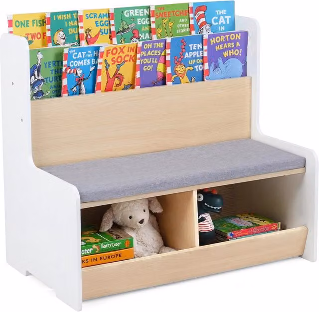 Panca portagiochi a due posti con portariviste a due ripiani e cuscino rimovibile, Cassapanca per bambini Bianco DESIGN IN L/P/H: 80.0 x 48.0 x 74.5 cm