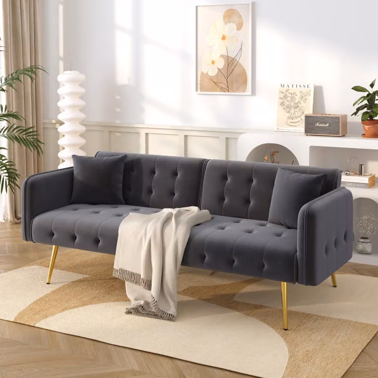 MODFU Divano multifunzionale 2 in 1 a due posti Divano relax con schienale e braccioli regolabili, divano letto pieghevole con funzione letto e rivestimento in velluto, grigio