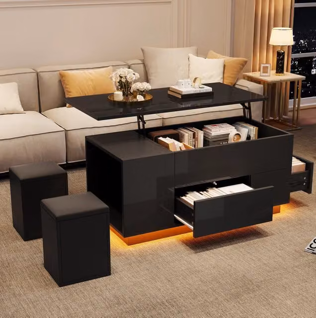 Tavolino da salotto con piano sollevabile; LED; 2 cassetti e 2 sgabelli; 100 x 50 x 45 cm; nero
