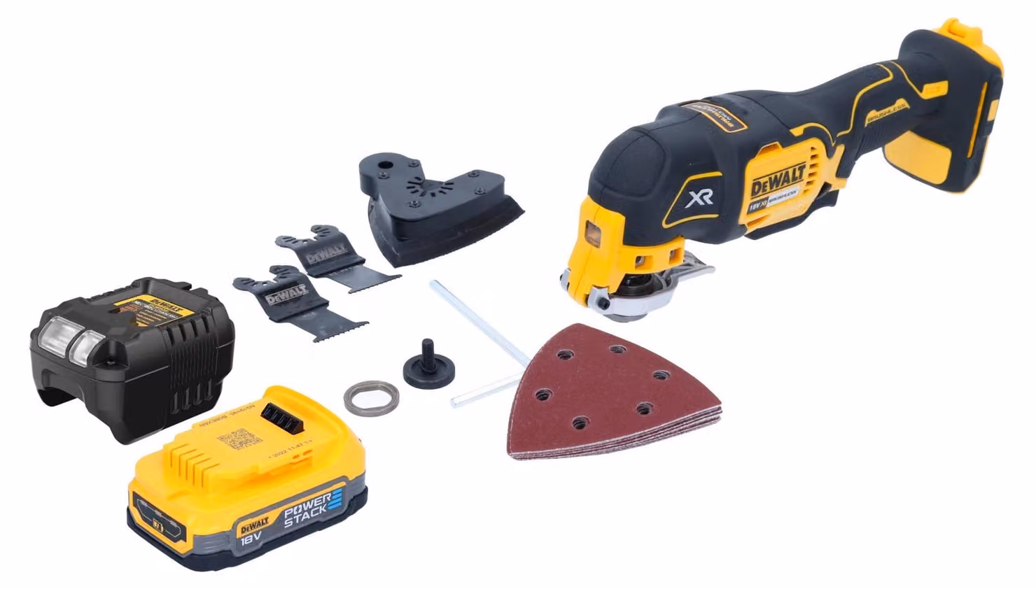 Multiutensile oscillante a batteria DeWalt DCS 355 E1 18 V senza spazzole + 1x batteria Powerstack 1,7 Ah + caricabatterie + accessori