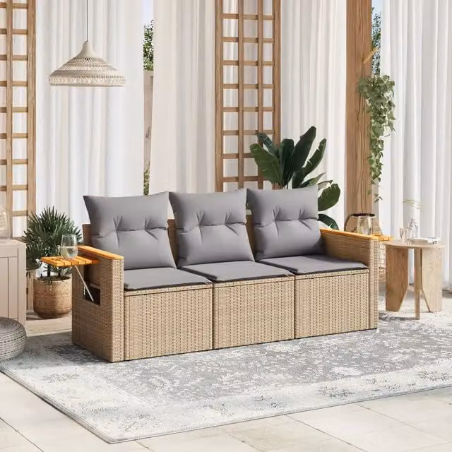 Set Divano da Giardino Moderno VIDAXL in Polyrattan con Cuscini Beige e Grigio, 3 Pezzi