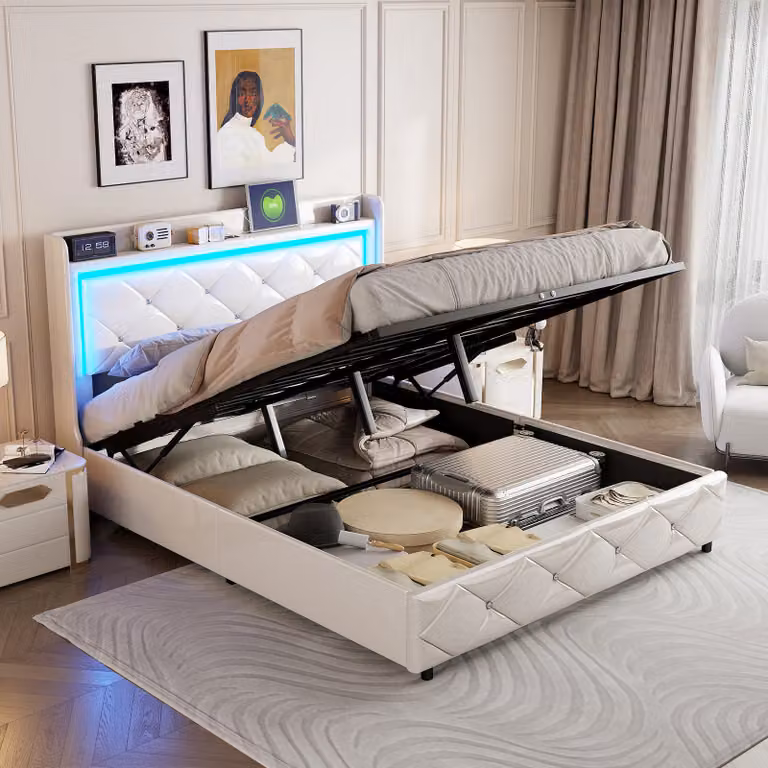 Letto imbottito Fortuna Lai 140x200cm con USB, letto giovanile letto matrimoniale letto contenitore con LED, letto a molle idrauliche, Pelle finta, bianco