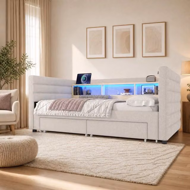 Divano letto Mivray moderno in velluto beige con LED multicolore, porte USB e Type-C e due cassetti