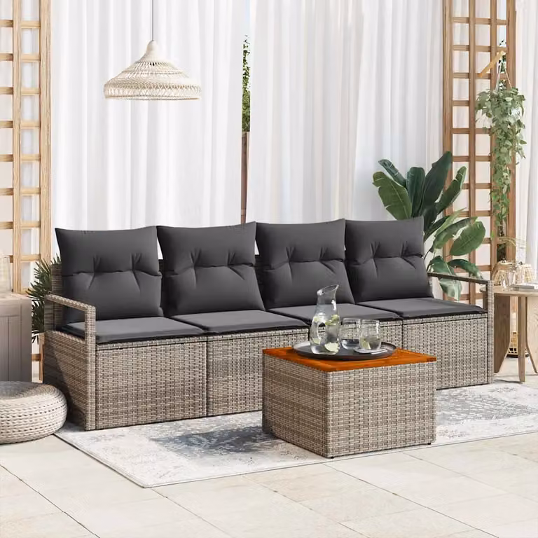 Set Divano da Giardino vidaXL 5 Pezzi Grigio con Cuscini e Tavolino in Polyrattan e Acciaio