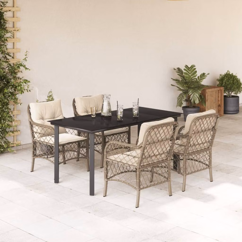 Set da Pranzo da Giardino 5 pz vidaXL in Polyrattan con Cuscini Beige e Tavolo in Vetro – 1