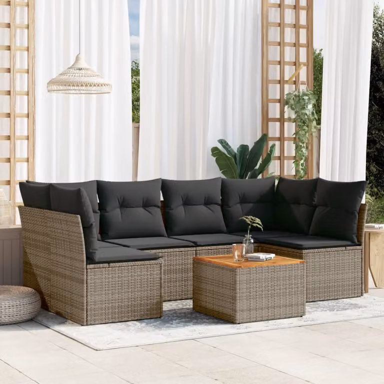 vidaXL Set Divani da Giardino 7 pz in Polyrattan con Cuscini e Tavolino da Esterno, Design Moderno a L, Grigio e Marrone