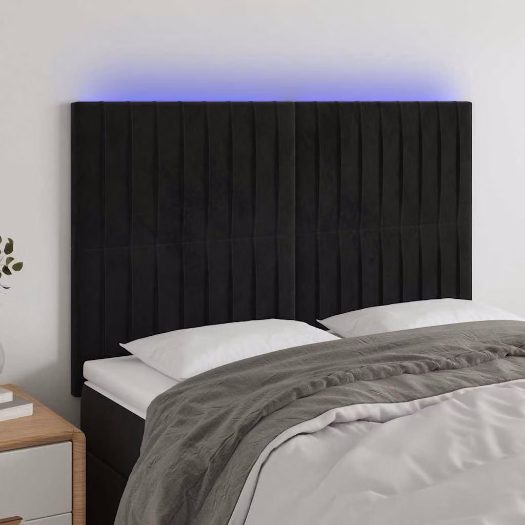 Testiera a LED vidaXL in velluto nero con porte USB, L/P/H: 144 x 5 x 118/128 cm – 1