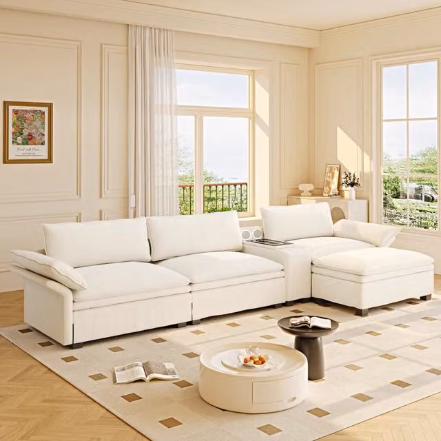 Divano modulare 315.0x70.0x85.0 cm 4 posti con console multifunzione in ciniglia