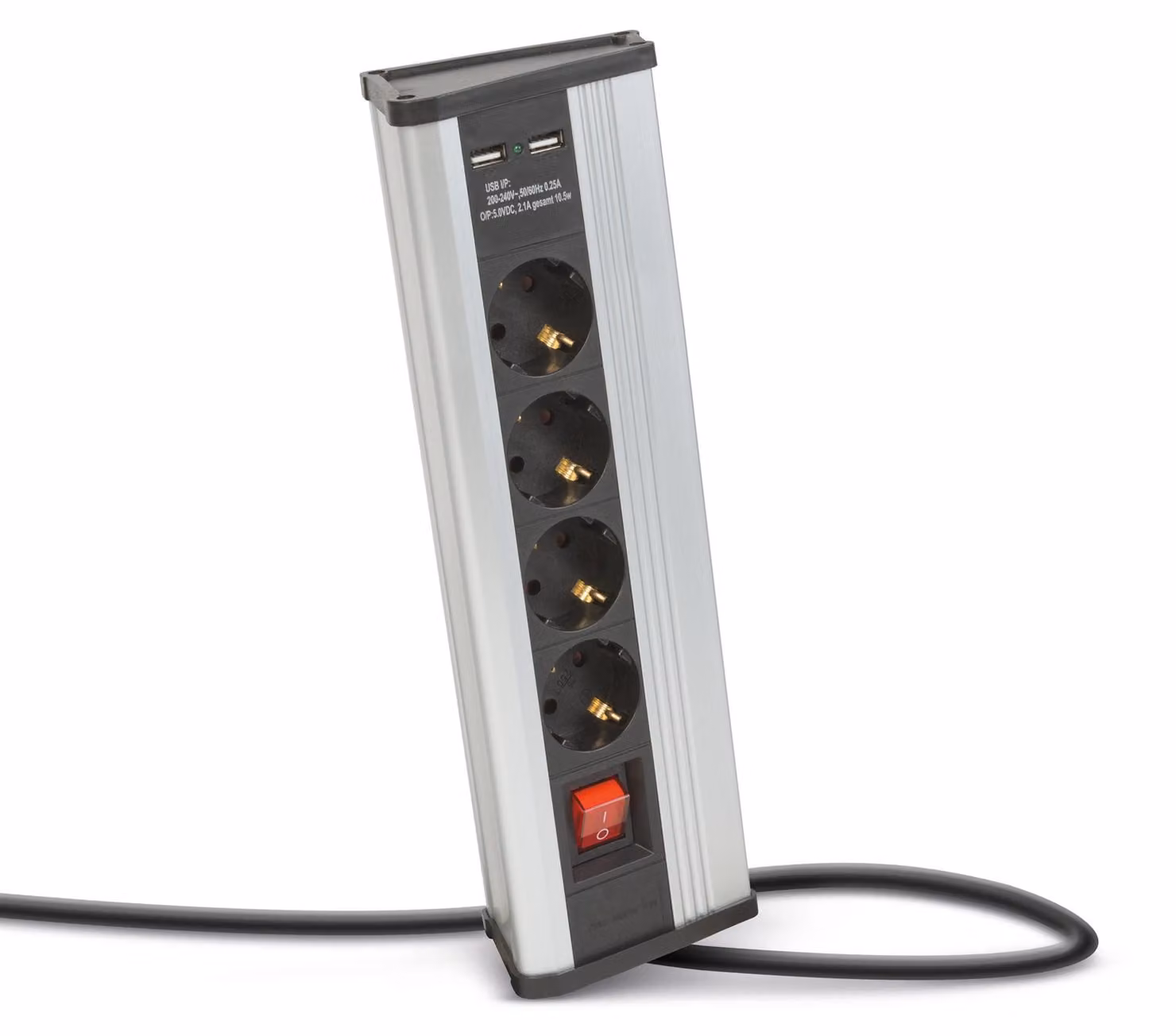 Presa angolare con interruttore, 4 prese 250 V/16 A + 2 USB 2,1 A, alloggiamento in alluminio, a prova di bambino, cavo da 1,5 m [20484S]