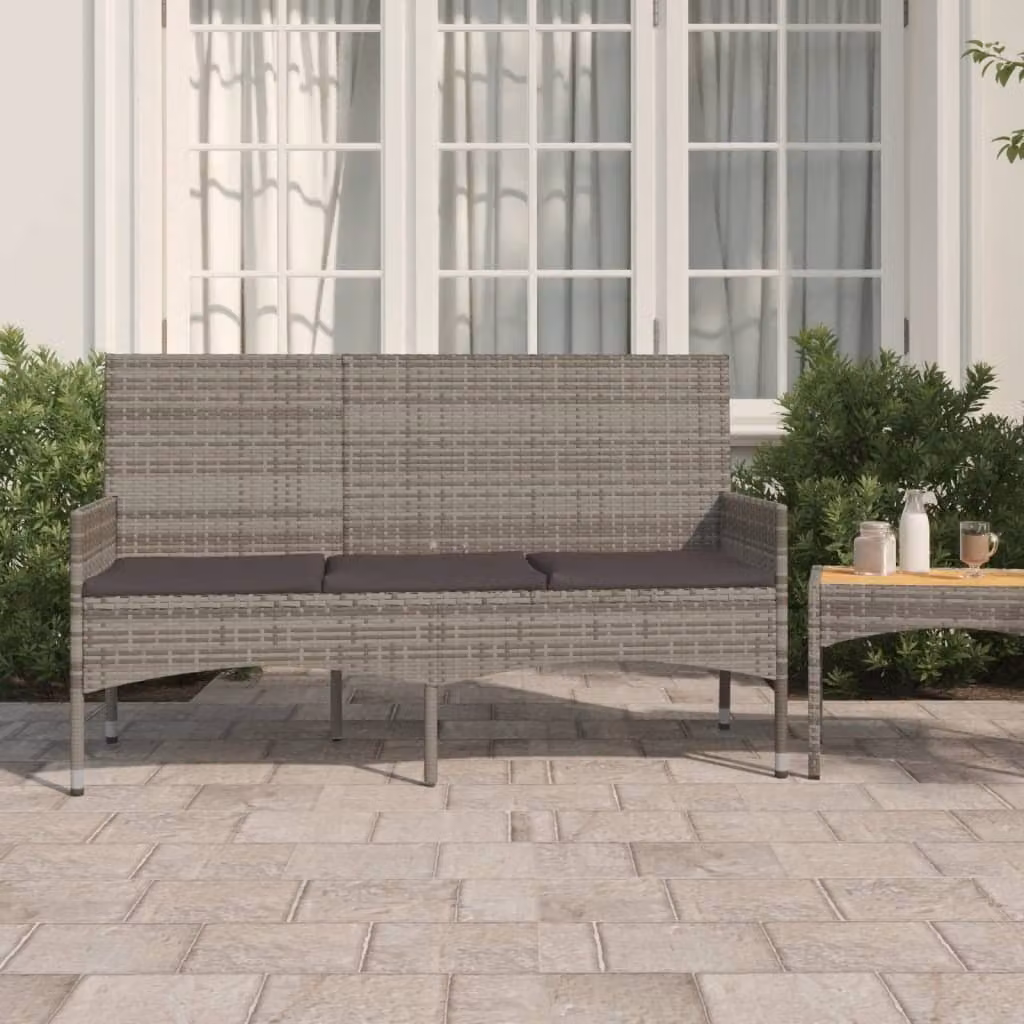 The Living Store Panca da giardino a 3 posti con cuscini in Poly Rattan grigio