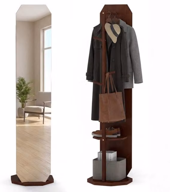 Appendiabiti girevole a 360 gradi con specchio intero e ripiani, mobile da ingresso e camera da letto in legno di pino marrone opaco, L: 32 cm, H: 163 cm