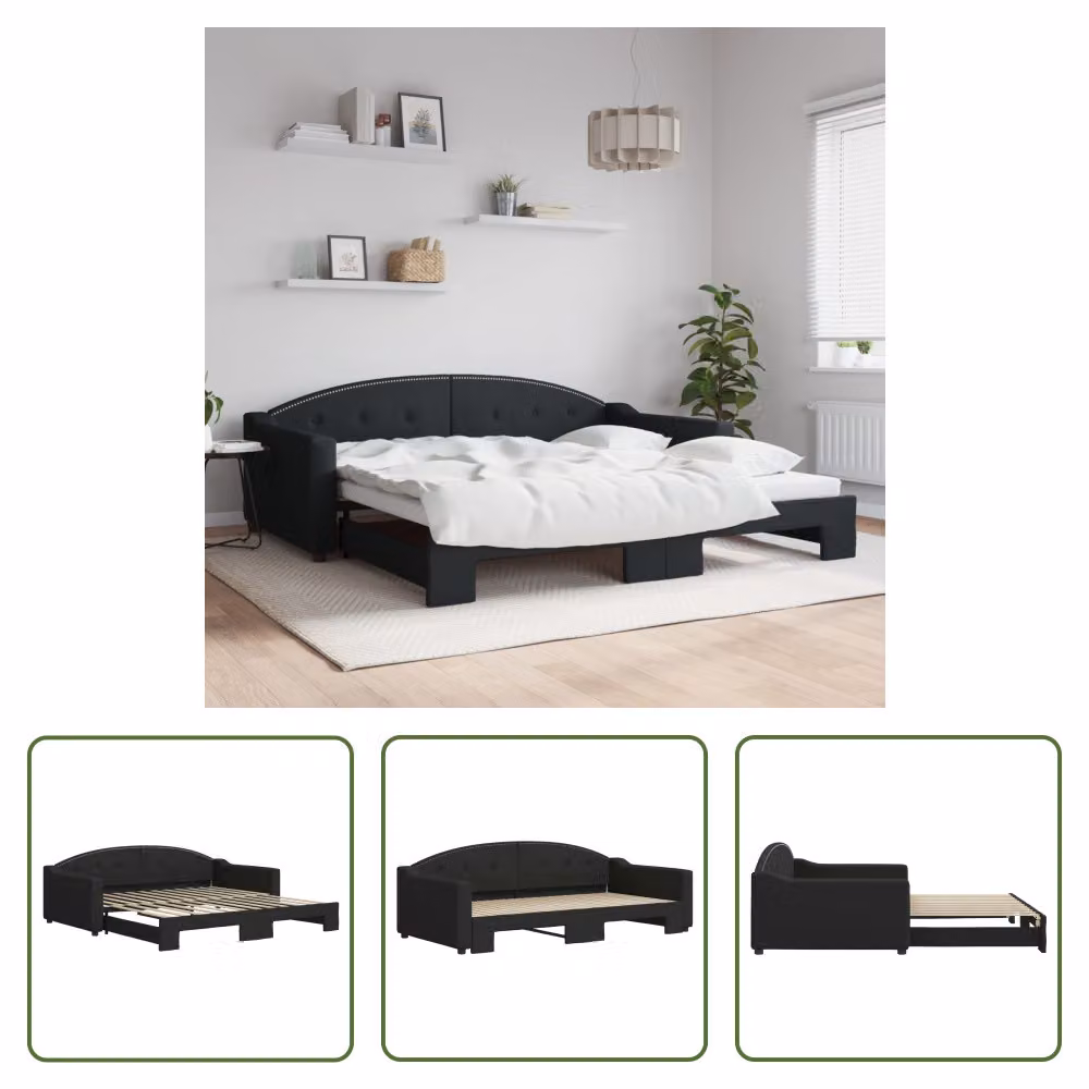 The Living Store letto da giorno allungabile nero 100x200 cm in tessuto