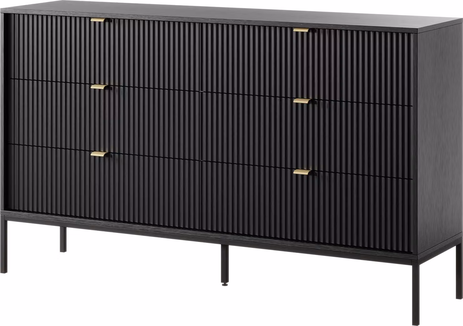 Masseno Comò STELLARE 154 cm Credenza con 6 cassetti per soggiorno camera da letto Moderno 154x39x91 cm Nero / Nero