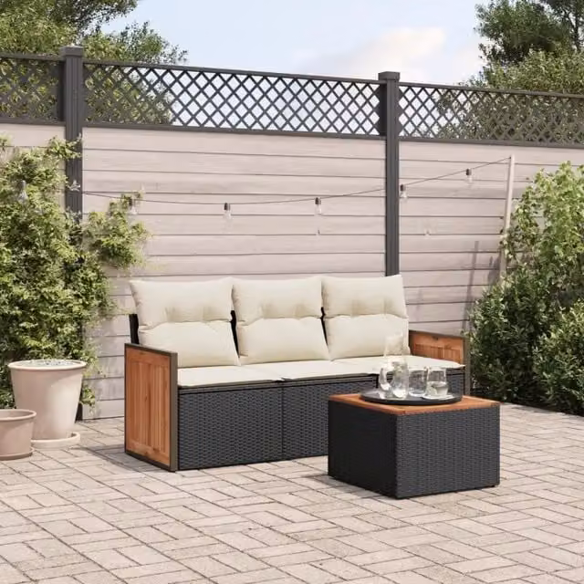 Set Divani da Giardino 4 pz con Cuscini Nero in Polyrattan 3259844