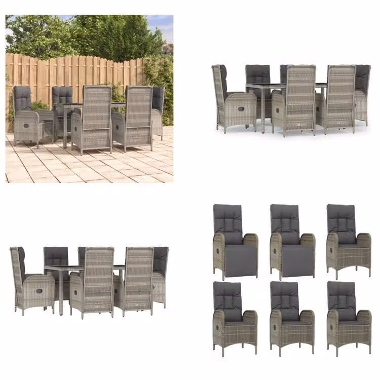 vidaXL Set da pranzo da giardino 7 pezzi con cuscini in poly rattan grigio - Set da pranzo da giardino - Set da pranzo da giardino - Set da pranzo da terrazza