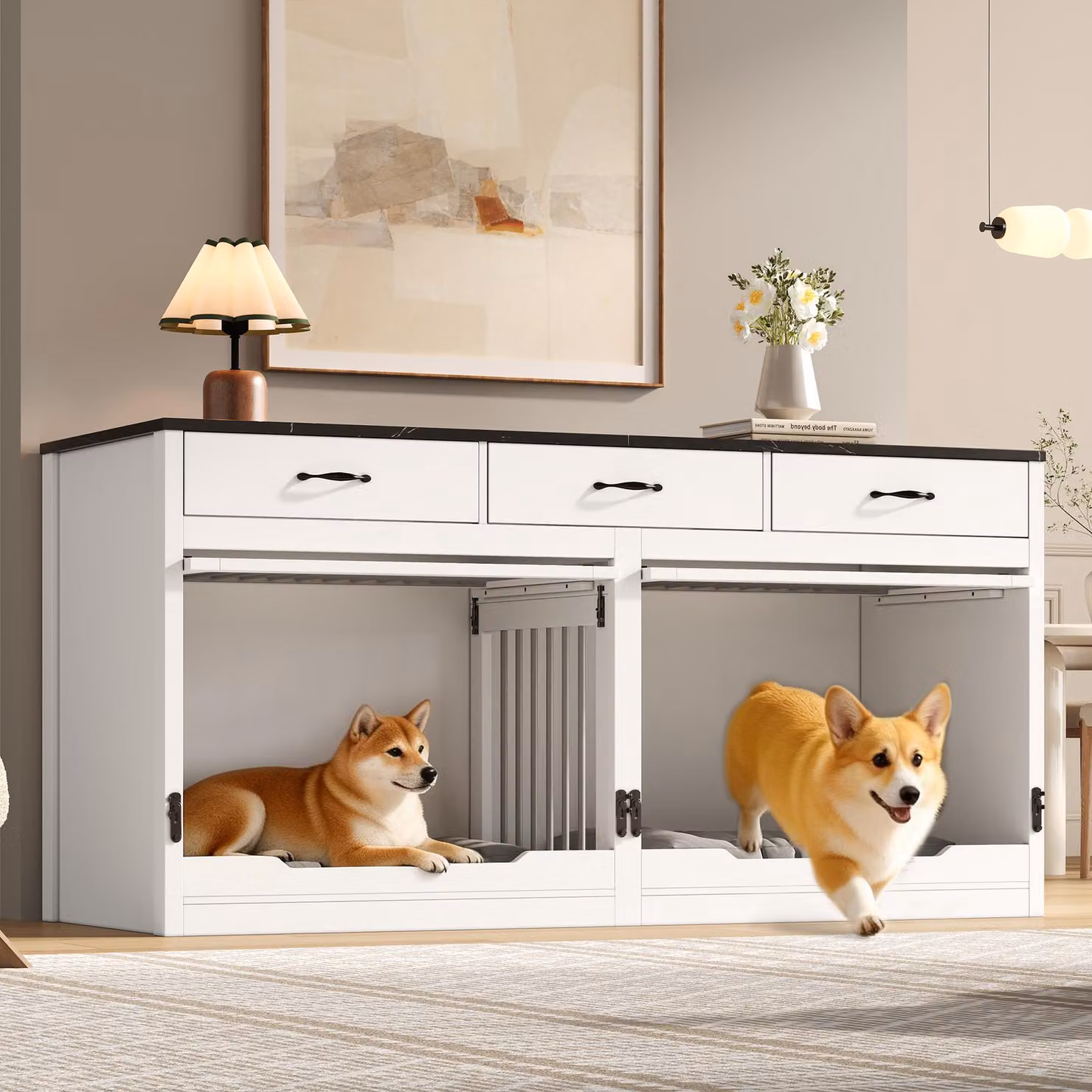 Cuccia per cani Merax in legno e metallo con 3 cassetti e 2 ante, divisorio rimovibile, cuccia per 2 cani, cuccia interna, XXL 164×60×81 cm, nera