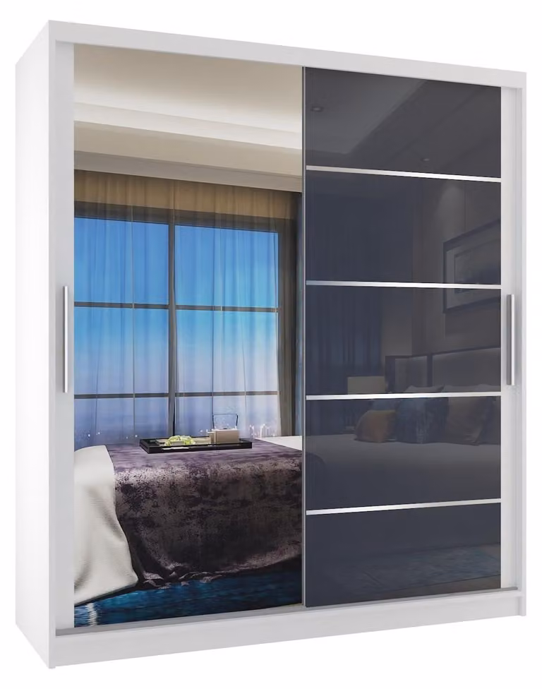BELINI Verona, armadio scorrevole da 133 cm, bianco/grigio lucido - armadio con specchio e 2 cassetti, ideale per la camera da letto