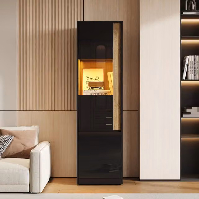 Armadio alto 50x40x179 cm con illuminazione LED regolabile in truciolare e acrilico nero e naturale