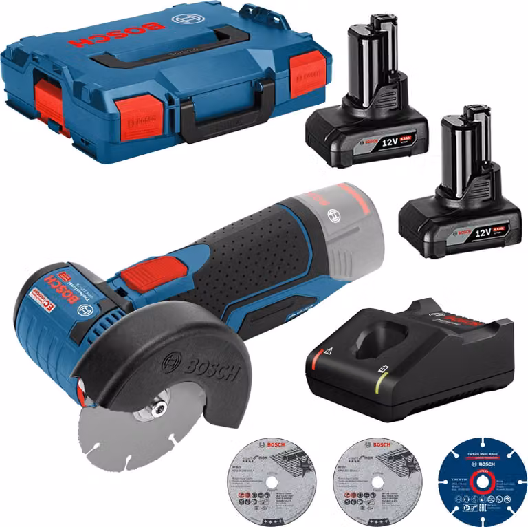 Smerigliatrice angolare a batteria Bosch GWS 12V-76 Ø 76 mm / 2x batteria 4,0 Ah + caricabatterie in L-Boxx