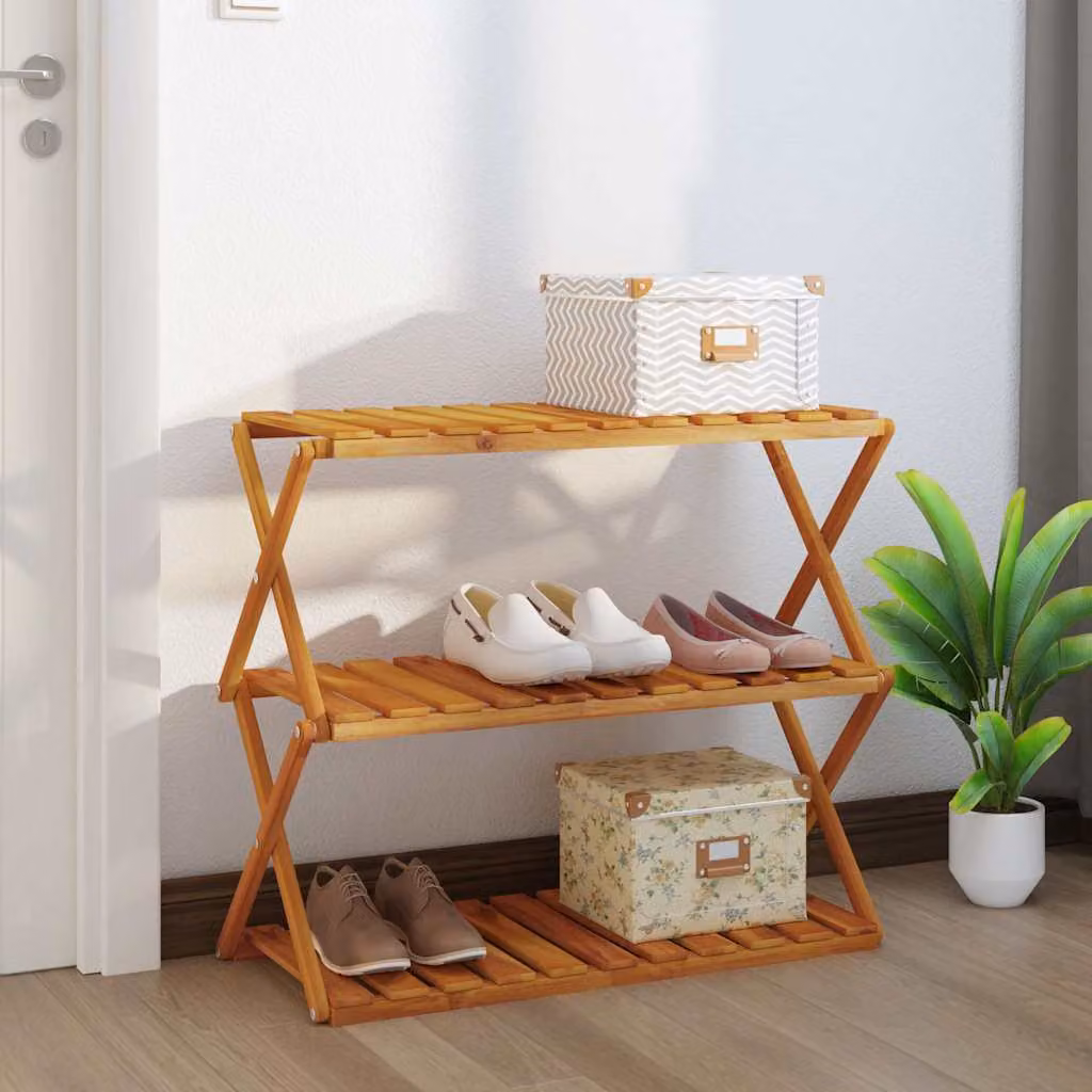 Scaffale Pieghevole vidaXL in Legno di Acacia con 3 Ripiani, Colore Marrone, L 70 cm x P 31 cm x H 63 cm