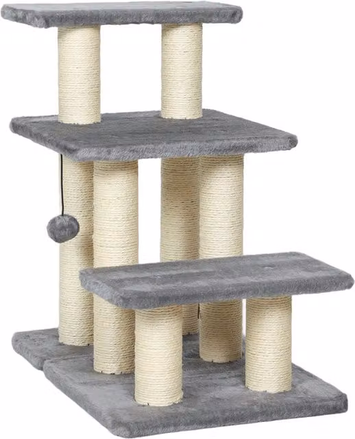 Scaletta PawHut per cani e gatti con 3 scalini in peluche e pali tiragraffi in sisal, Grigio