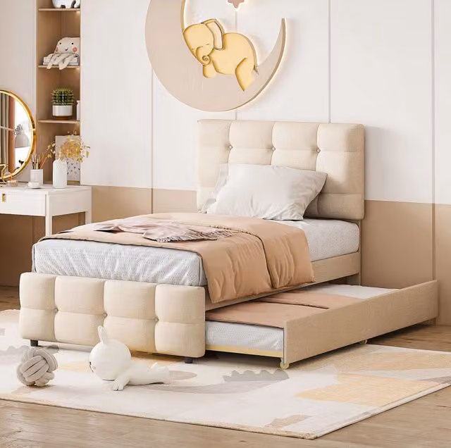 Letto imbottito per bambini 90x200 cm con letto estraibile; testiera regolabile; beige