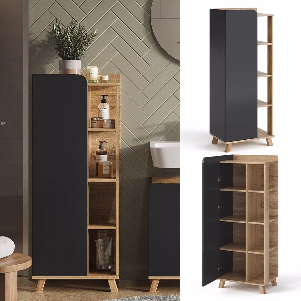Mobiletto da bagno moderno Vicco Karen con ante e vani aperti, colore Sonoma/Antracite, L: 128 cm, P: 50 cm, H: 35 cm – 2