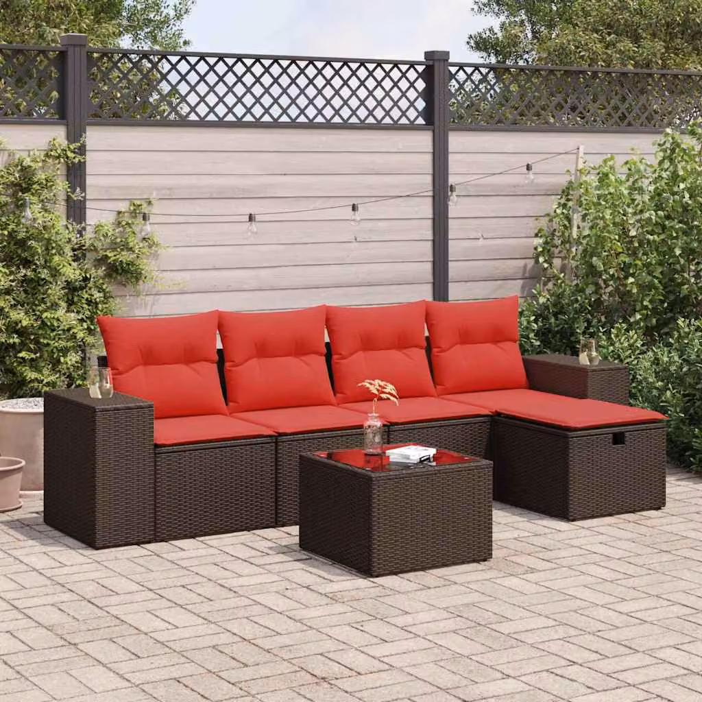 Set Divano da Giardino vidaXL 6 pz a Forma a L con Cuscini Marrone e Tavolino in Polyrattan e Metallo