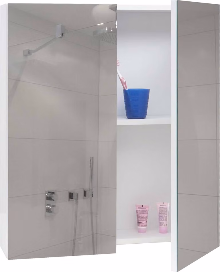 Specchio da bagno MCW-B19b, mobile da bagno sospeso, 2 ripiani, finitura lucida, MVG, 70x60x16 cm, colore bianco