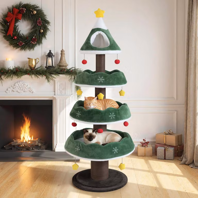 COSTWAY 179cm tiragraffi natalizio, albero per gatti con 3 piattaforme, 1 grotta, tronco spesso, base grande e 11 palline, albero di Natale per gatti verde