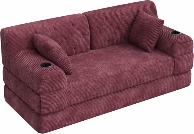 Divano letto 168x162 cm in velluto a coste con tasche e portabicchieri; rosso vino