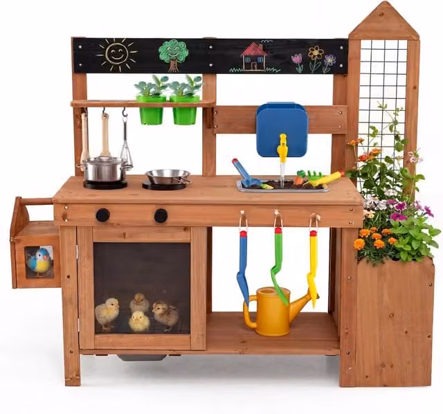 Cucina giocattolo Montessori in legno marrone per bambini con sabbia e acqua, L: 101 cm, P: 40 cm, H: 112 cm