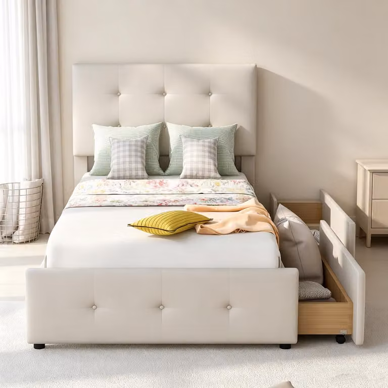 Letto imbottito INONEFT, 90x200 cm, adatto a bambini, adolescenti, come letto singolo o letto per ospiti, con 2 cassetti contenitori e rete a doghe, letto contenitore, in velluto, color beige
