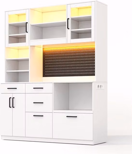 Mobile da cucina con 5 cassetti, ripiani regolabili, spina integrata e illuminazione LED, MDF, 185 × 145 × 40 cm, bianco