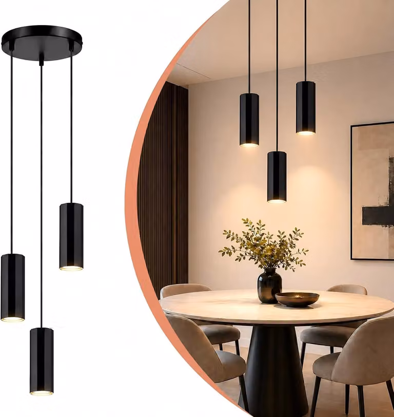 Lampada a sospensione moderna, rotonda, con 3 luci, lampada a pendolo, lampada a sospensione GU10, stile industriale, metallo, ideale per soggiorno, sala da pranzo, cucina, camera da letto, colore nero