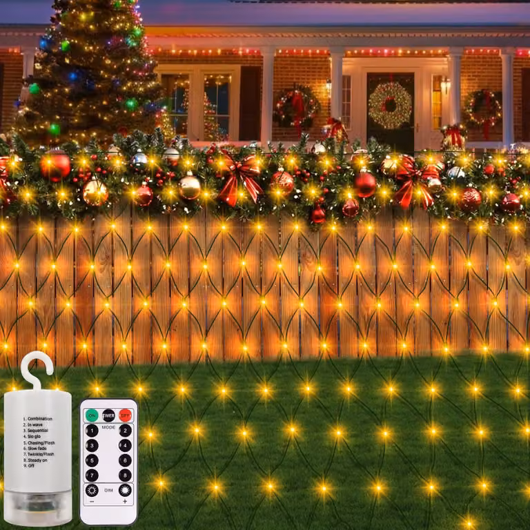 Catena luminosa, dimensioni 3x2 metri, 200 LED, luce bianca calda, alimentazione a batteria, con dimmer
