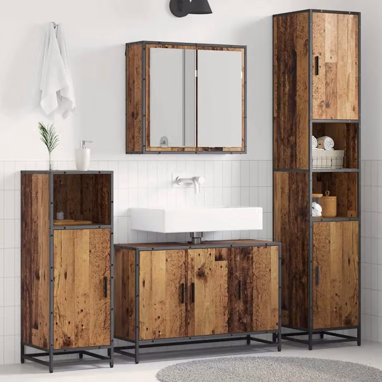 Set di mobili per il bagno moderno vidaXL in 3 pezzi color marrone con armadietto specchio, mobile lavabo e mobiletto laterale in legno e metallo