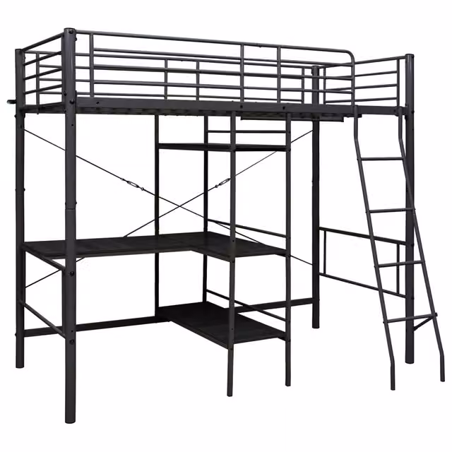 Letto singolo | Letto per adulti | Letto a Castello con Tavolino Nero in Metallo 90x200 cm