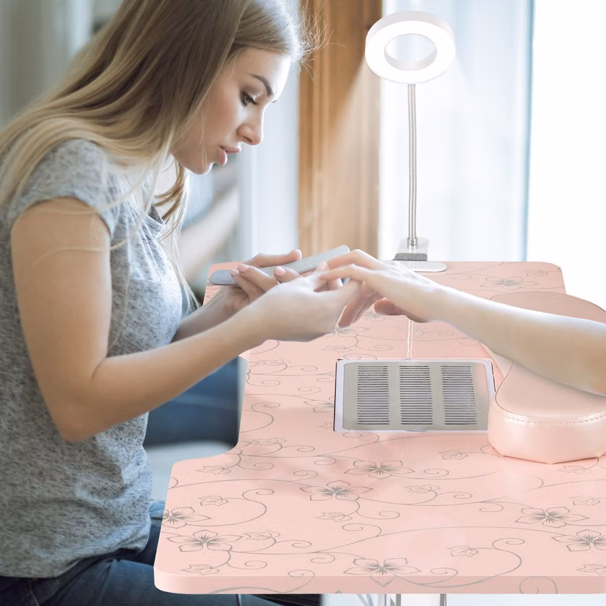 Tavolo manicure pieghevole Costway con aspiratore elettrico, luce LED e borsa da trasporto, scrivania portatile per unghie rosa