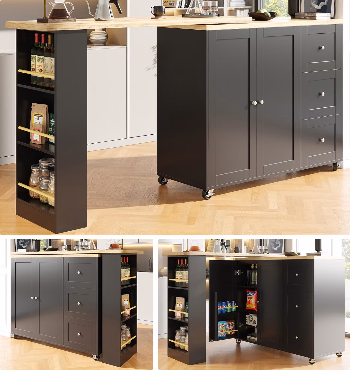 Flieks tavolo da pranzo tavolo da cucina girevole a 360°, tavolo da bar carrello da pranzo carrello da cucina a isola con cassettiera, tavolo rettangolare, carrello da portata 138/209x39cm, nero
