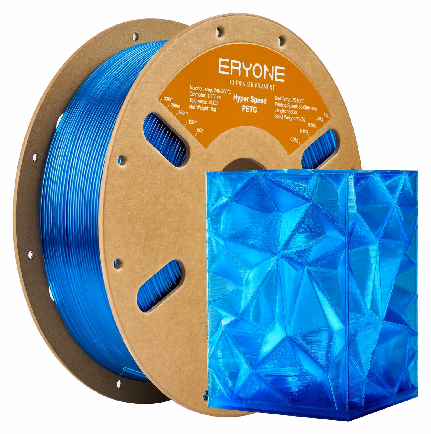 Filamento per stampa 3D, materiale PETG, prestazioni ad alta velocità, colore blu trasparente