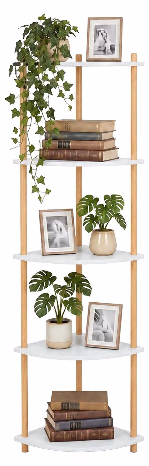 Relaxdays, scaffale angolare, dimensioni: 143,5 x 38 x 25 cm, 5 ripiani, scaffale a terra per soggiorno, MDF, bambù, scaffale angolare, bianco/naturale
