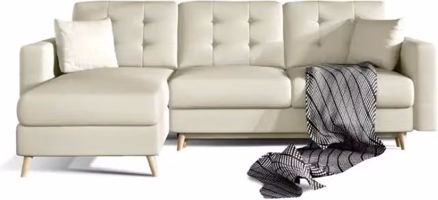 Divano angolare trasformabile MEUBLORAMA beige con funzione letto e struttura in legno scandinavo L/P/H: 248 x 162 x 93 cm