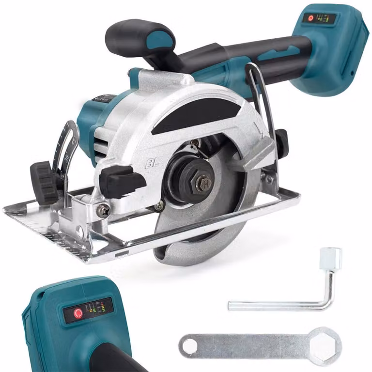 Sega circolare a batteria - Sega portatile con guida a T - Lama da 110 mm - Taglio inclinato da 0° a 45° - Profondità di taglio di 50 mm - Impugnatura in gomma - Base robusta