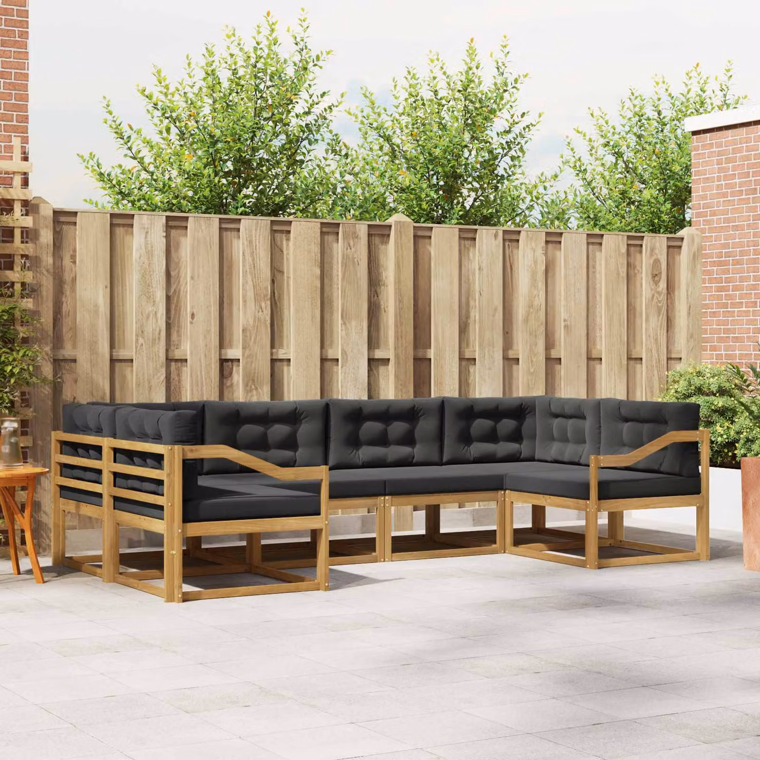 Set di divani da esterno vidaXL a forma di L composto da 6 pezzi in legno di acacia con cuscini bianchi e antracite